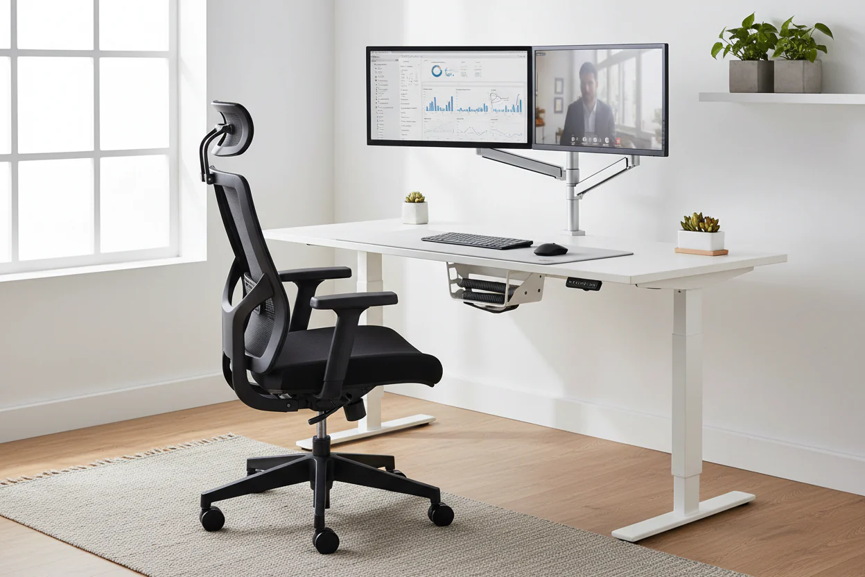 Ergonomic desk setup showing proper monitor height, keyboard position and chair adjustment